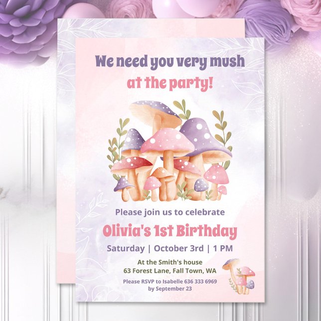 Pink Purple Mushrooms Fall 1st Birthday Invitation (Pink Purple Mushrooms Fall 1st Birthday Invitation)