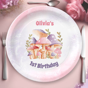 Pink Purple Mushrooms Fall 1st Birthday Paper Plates