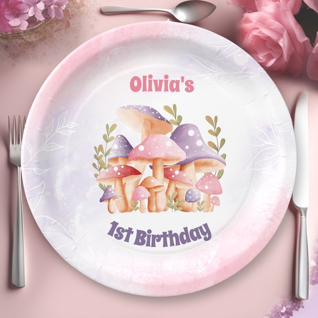 Pink Purple Mushrooms Fall 1st Birthday Paper Plates (Pink Purple Mushrooms Fall 1st Birthday Paper Plates)