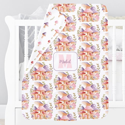 Pink Purple Mushrooms Fall Autumn Name Girl Baby Blanket