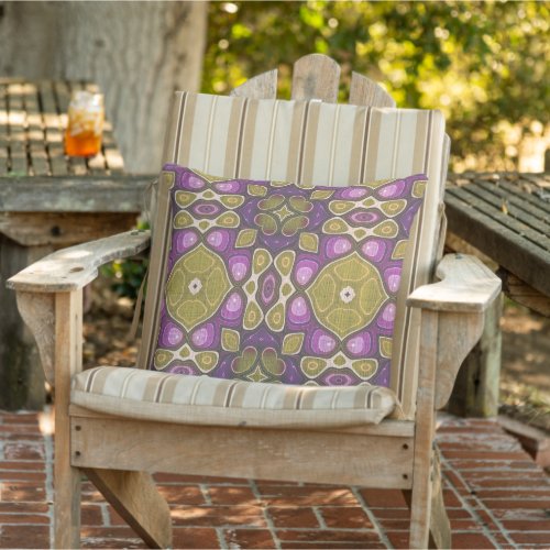 Pink Purple Mustard Ochre Olive Green Tribal Art Outdoor Pillow