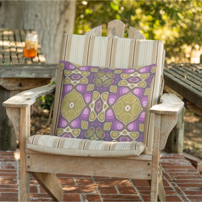 Pink Purple Mustard Ochre Olive Green Tribal Art Outdoor Pillow (Chair)