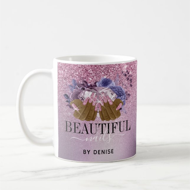 Pink purple nail salon woman hand nails technician coffee mug (Left)