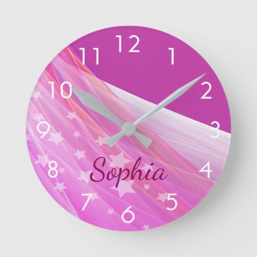 Pink purple name monogram girl round clock