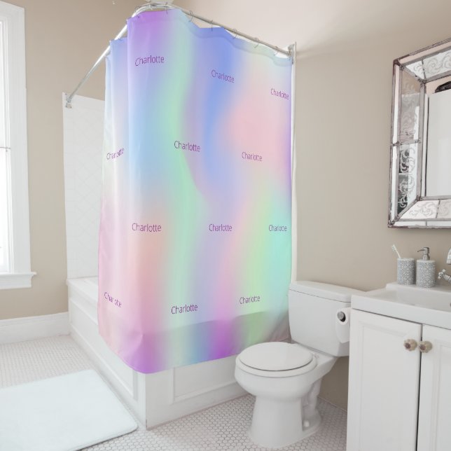 Pink purple name pattern holographic shower curtain (In Situ)
