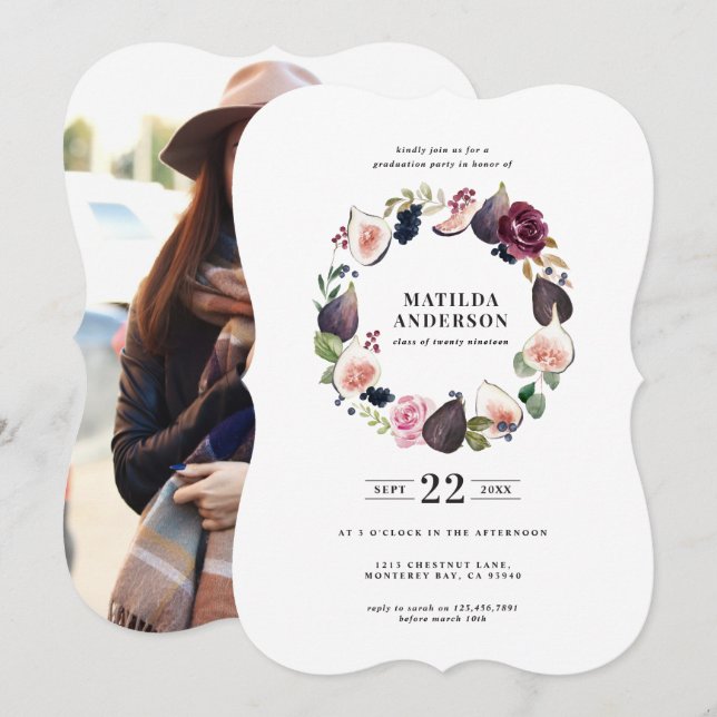 Pink purple navy floral photo graduate invite (Front/Back)