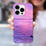 Pink Purple Ocean Sunset Girly Glam Confetti Name Case-Mate iPhone 14 Pro Case<br><div class="desc">Remember your summer vacation each time you use this personalized name cell phone case. Enjoy the solitude of the California Pacific Ocean with this stunning, purple, pink and blue sunset photo, tipped with tiny, sparkly purple and gold, girly glam confetti dots. Makes a great gift for someone special! Just type...</div>