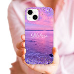 Pink Purple Ocean Sunset Girly Glam Confetti Name iPhone 15 Case<br><div class="desc">Remember your summer vacation each time you use this personalized name cell phone case. Enjoy the solitude of the California Pacific Ocean with this stunning, purple, pink and blue sunset photo, tipped with tiny, sparkly purple and gold, girly glam confetti dots. Makes a great gift for someone special! Just type...</div>