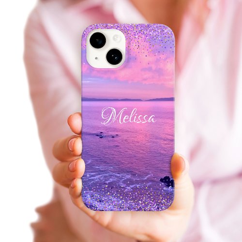 Pink Purple Ocean Sunset Girly Glam Confetti Name iPhone 15 Case