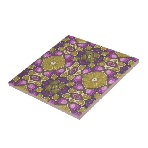 Pink Purple Ochre Olive Green Ethnic Tribe Art Ceramic Tile