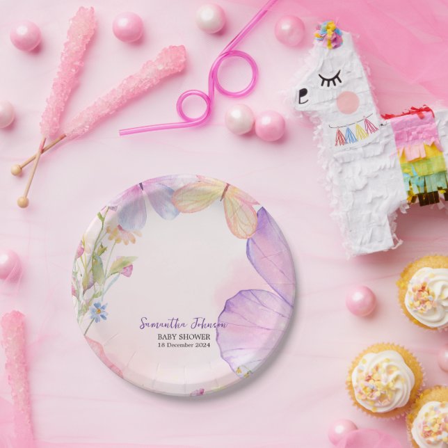 Pink Purple Oh Baby Butterfly Baby shower Paper Plates (Party)