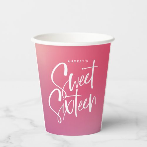 Pink Purple Ombre Calligraphy Sweet Sixteen  Paper Cups