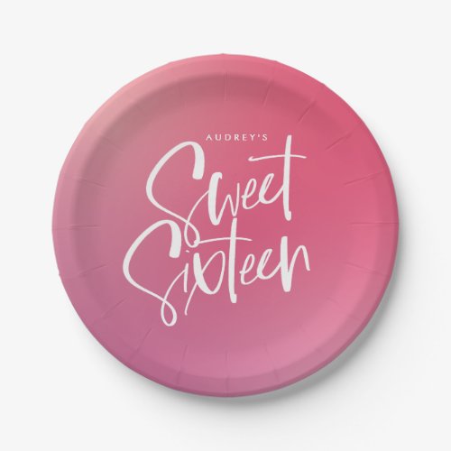 Pink Purple Ombre Calligraphy Sweet Sixteen  Paper Plates