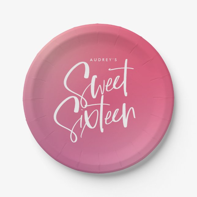 Pink Purple Ombre Calligraphy Sweet Sixteen  Paper Plates (Front)