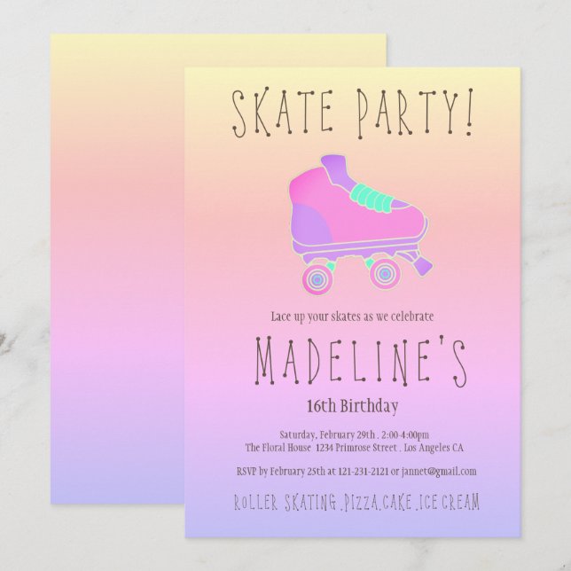 Pink purple ombre elegant Sweet 16 Roller Skate Invitation (Front/Back)