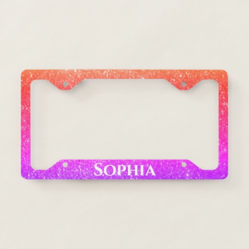 Pink Purple Ombre Glitter Custom Name Cute Stylish License Plate Frame