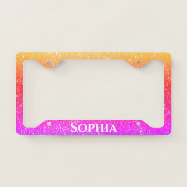 Pink Purple Ombre Glitter Custom Name Cute Stylish License Plate Frame (Front)