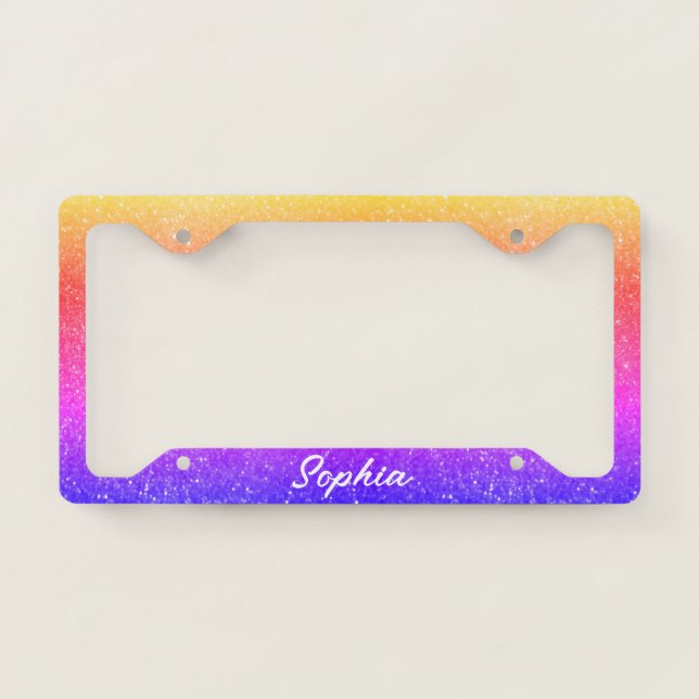 Pink Purple Ombre Glitter Custom Name Monogram License Plate Frame (Front)