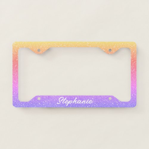 Pink Purple Ombre Glitter Monogram Custom Name License Plate Frame