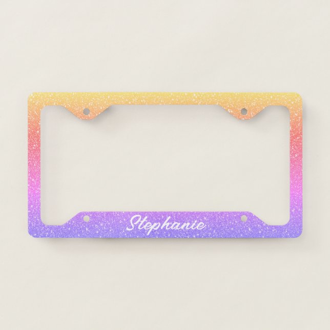 Pink Purple Ombre Glitter Monogram Custom Name License Plate Frame (Front)