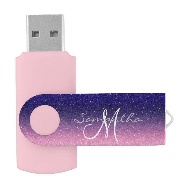 Pink Purple Ombre Glitter Monogram Personalized Flash Drive (Opened)