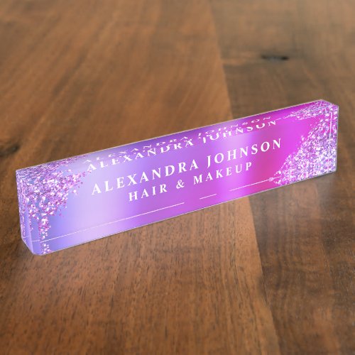 Pink Purple Ombre Glitter Sparkle Hair Makeup Desk Name Plate