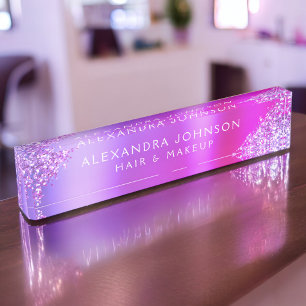 Pink Purple Ombre Glitter Sparkle Hair Makeup Desk Name Plate
