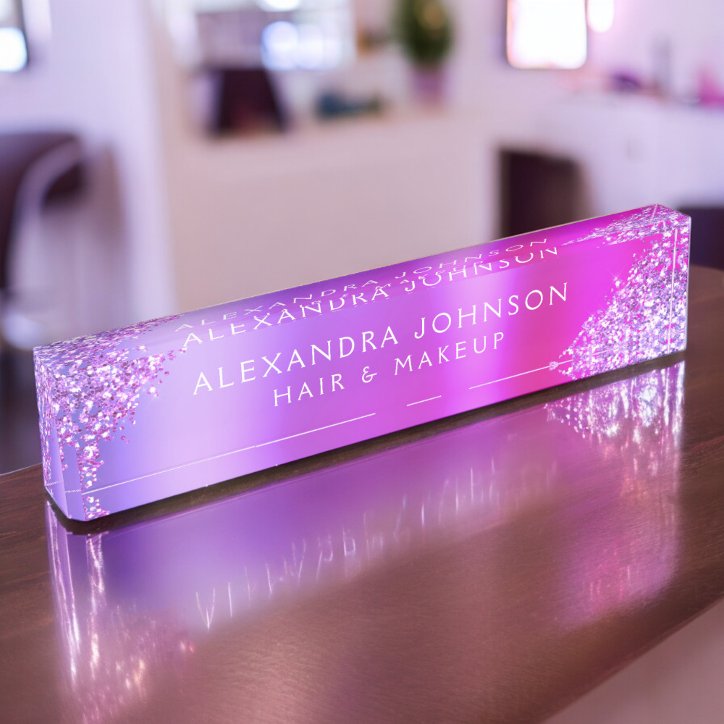 Pink Purple Ombre Glitter Sparkle Hair Makeup Desk Name Plate