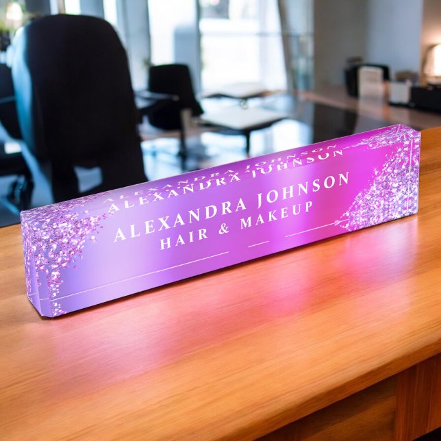 Pink Purple Ombre Glitter Sparkle Hair Makeup Desk Name Plate (Creator Uploaded)