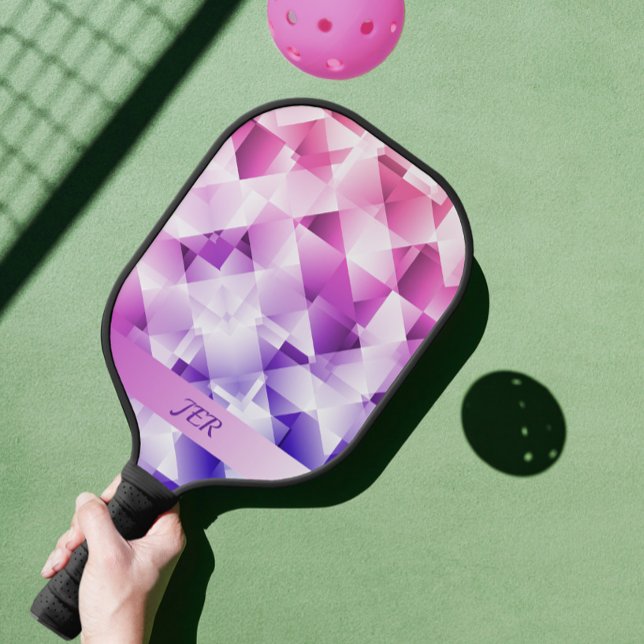 Pink Purple Ombre Gradient Geometric Monogram Pickleball Paddle (Modern Geometric Gradient Pattern Monogrammed Pickleball Paddle)