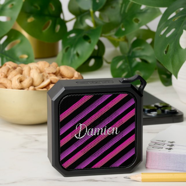 Pink Purple Ombre Gradient Stripes Background Name Bluetooth Speaker (Insitu(Table))