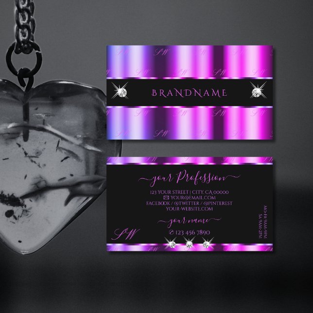 Pink Purple Ombre on Black Sparkle Jewels Initials Business Card (Creator Uploaded)