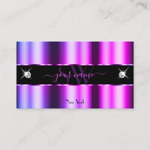 Pink Purple Ombre on Black Sparkle Jewels Monogram Business Card