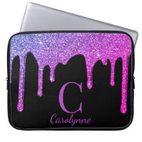 Pink Purple Ombre Sparkle Glitter Drips Monogram Laptop Sleeve