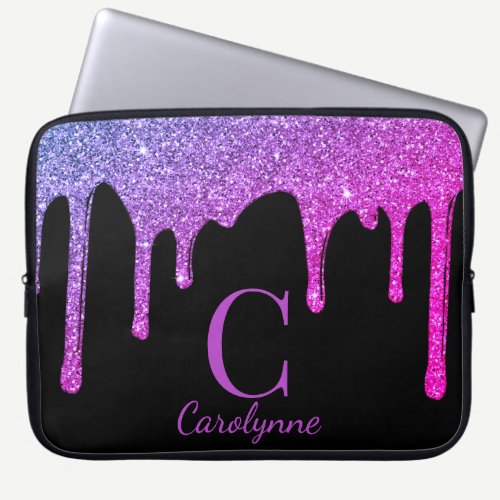 Pink Purple Ombre Sparkle Glitter Drips Monogram Laptop Sleeve
