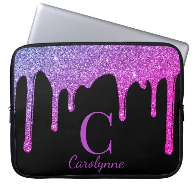 Pink Purple Ombre Sparkle Glitter Drips Monogram Laptop Sleeve (Front)
