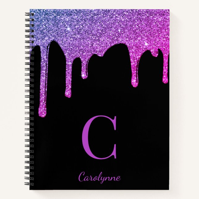 Pink Purple Ombre Sparkle Glitter Drips Monogram Notebook (Front)