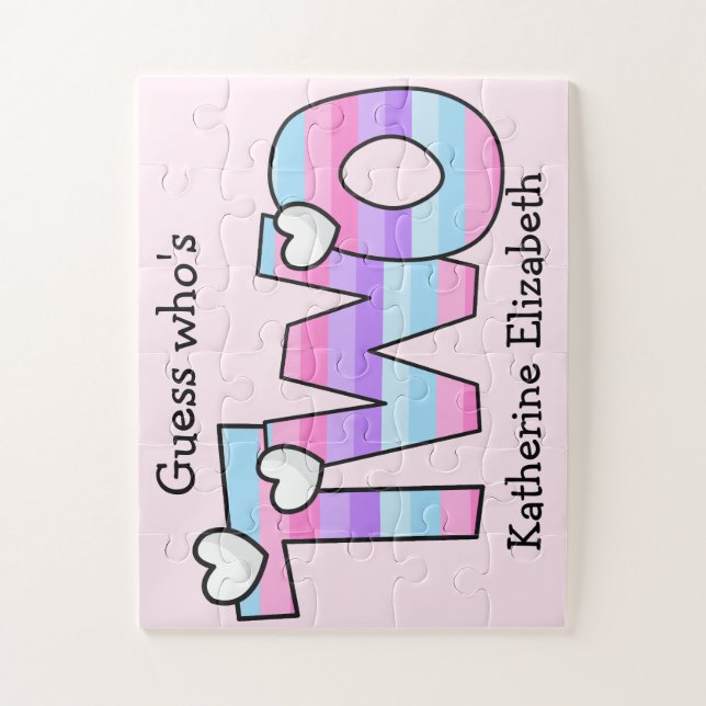 Pink Purple Ombre Stripes Hearts 2nd Birthday Jigsaw Puzzle (Vertical)