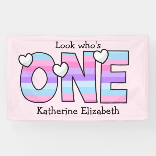 Pink Purple Ombre Stripes Hearts First Birthday Banner