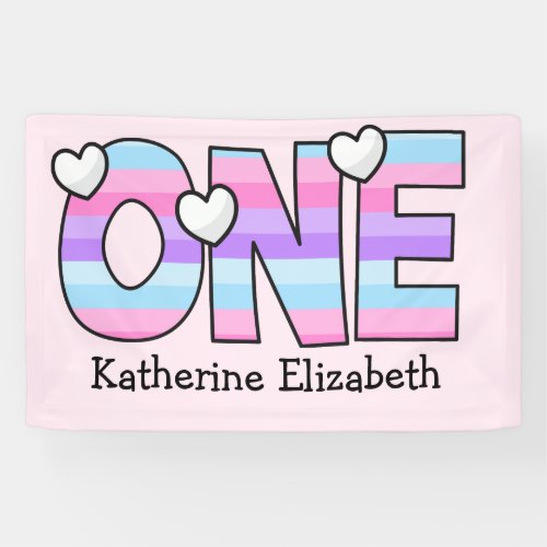 Pink Purple Ombre Stripes Hearts First Birthday Banner
