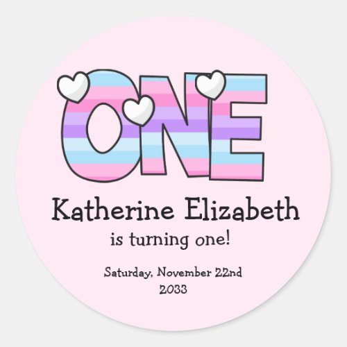 Pink Purple Ombre Stripes Hearts First Birthday Classic Round Sticker