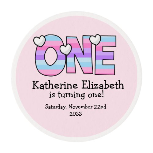 Pink Purple Ombre Stripes Hearts First Birthday Edible Frosting Rounds