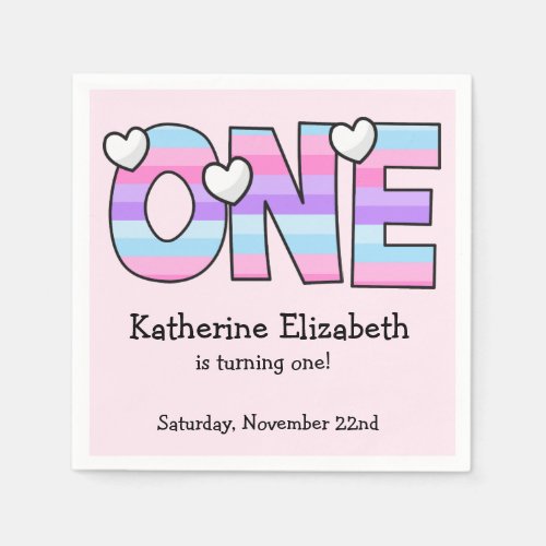 Pink Purple Ombre Stripes Hearts First Birthday Napkins