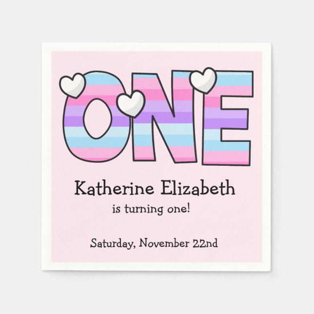 Pink Purple Ombre Stripes Hearts First Birthday Napkins (Front)
