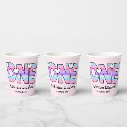 Pink Purple Ombre Stripes Hearts First Birthday Paper Cups