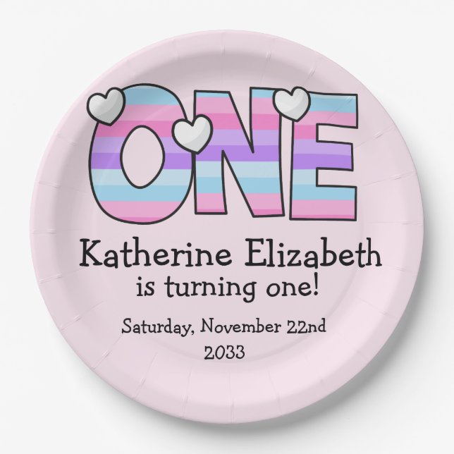 Pink Purple Ombre Stripes Hearts First Birthday Paper Plates (Front)