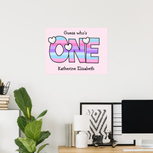 Pink Purple Ombre Stripes Hearts First Birthday Poster