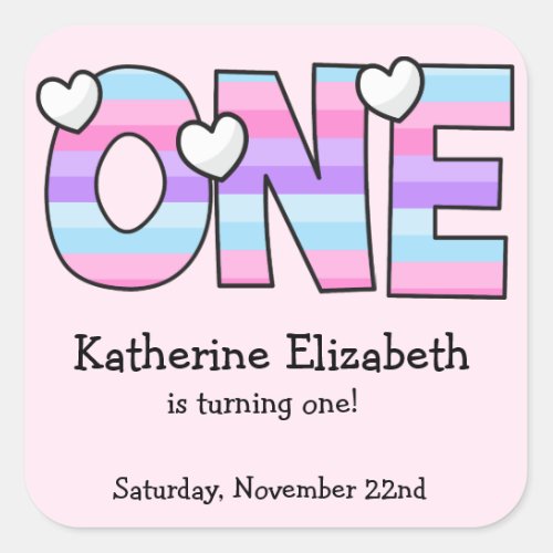 Pink Purple Ombre Stripes Hearts First Birthday Square Sticker