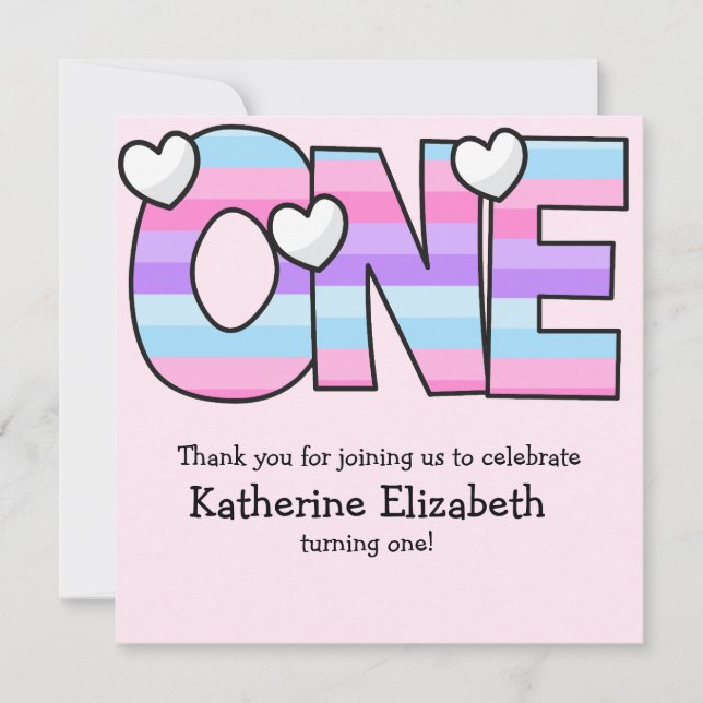 Pink Purple Ombre Stripes Hearts First Birthday Thank You Card (Front)