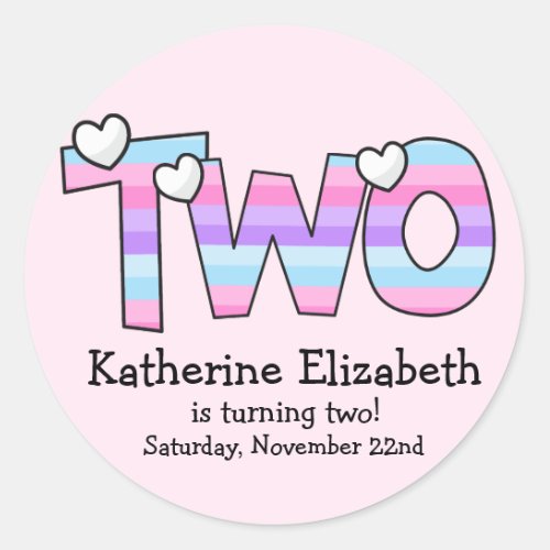 Pink Purple Ombre Stripes Hearts Second Birthday Classic Round Sticker